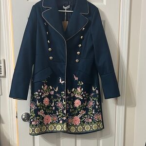 Floral Embroidered Navy Coat